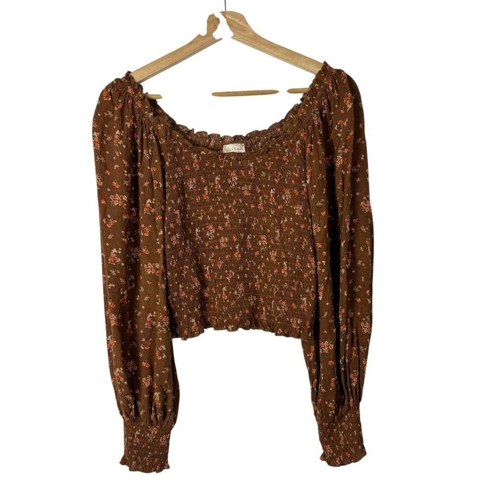 Boutique Hem & Thread Brown Floral Smocked Long Sleeve Top S